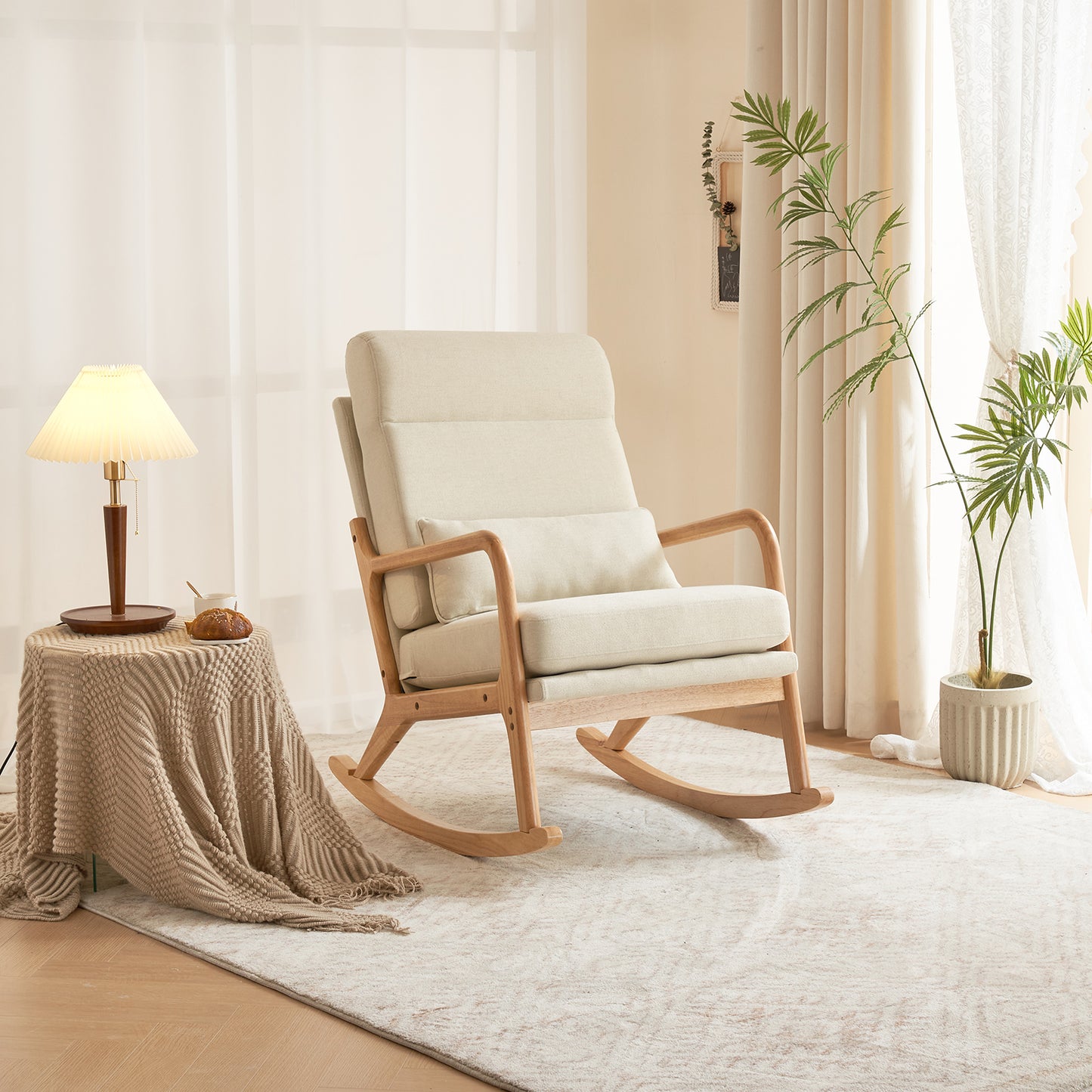 100*65*101cm High Back Belt Waist Pillow Log Color Solid Wood Armrest Backrest Seat Frame Iron Frame Indoor Rocking Chair/armchair dual use Off-white Linen