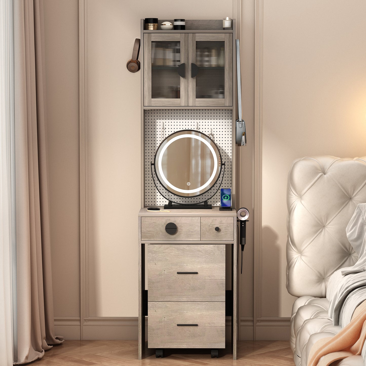 Small Vanity Desk with Mirror and LED Lights, Makeup Table with Charging Station and drawers and Storage Shelves for Small Space, Compact Mini Corner Vanity Set with Hidden Storage Stool for Bedroom