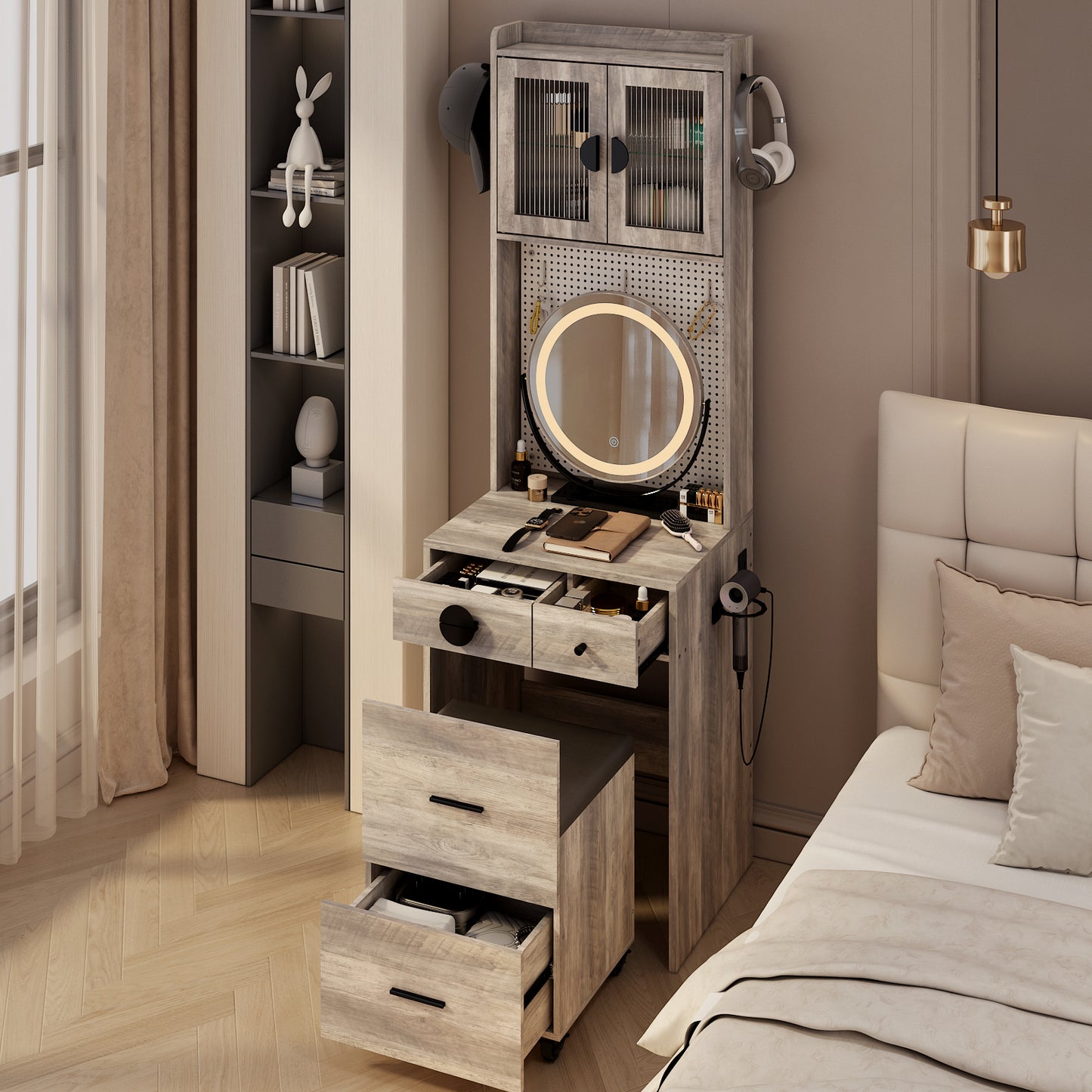 Small Vanity Desk with Mirror and LED Lights, Makeup Table with Charging Station and drawers and Storage Shelves for Small Space, Compact Mini Corner Vanity Set with Hidden Storage Stool for Bedroom