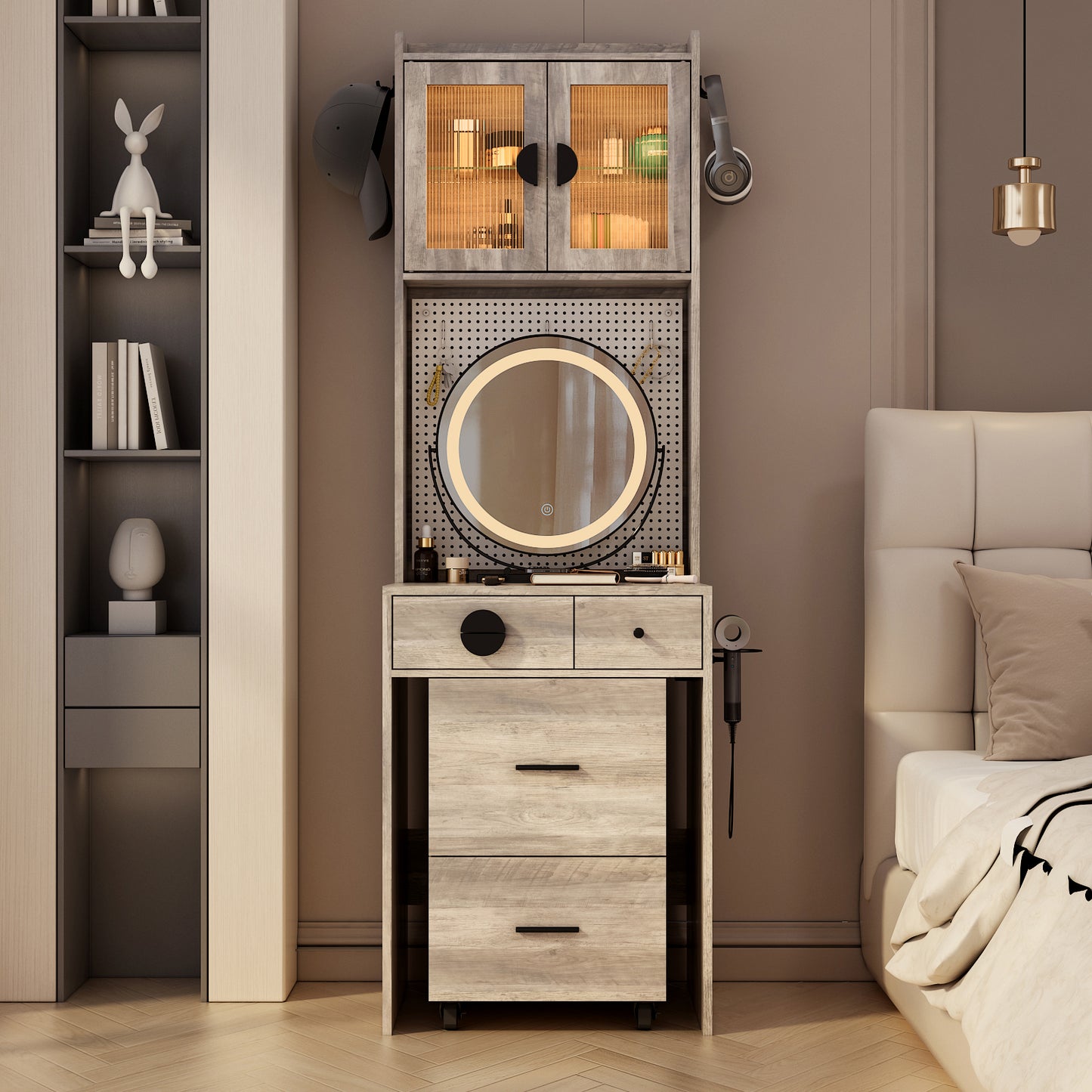Small Vanity Desk with Mirror and LED Lights, Makeup Table with Charging Station and drawers and Storage Shelves for Small Space, Compact Mini Corner Vanity Set with Hidden Storage Stool for Bedroom