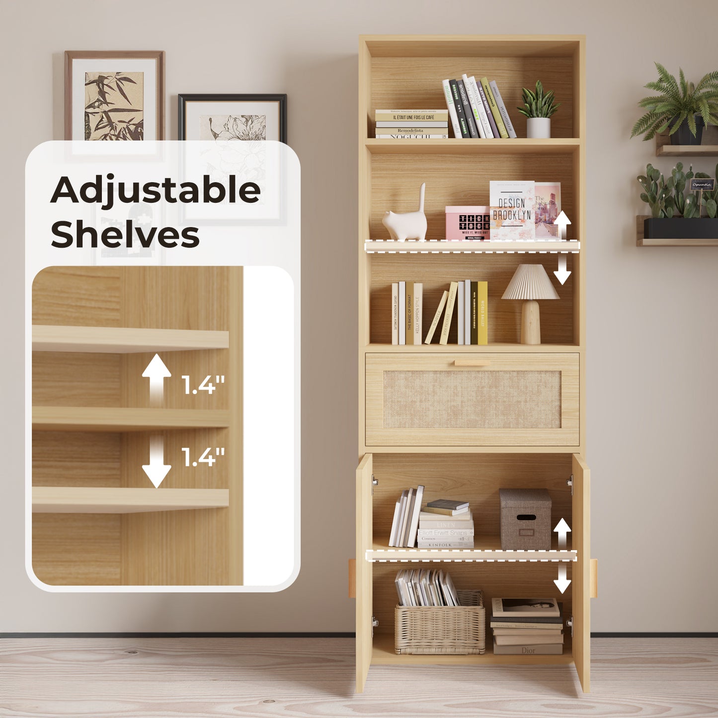 3-layer 1-drawer with double doors Triamcinol board rattan surface 60*23.5*180cm display cabinet original wood color