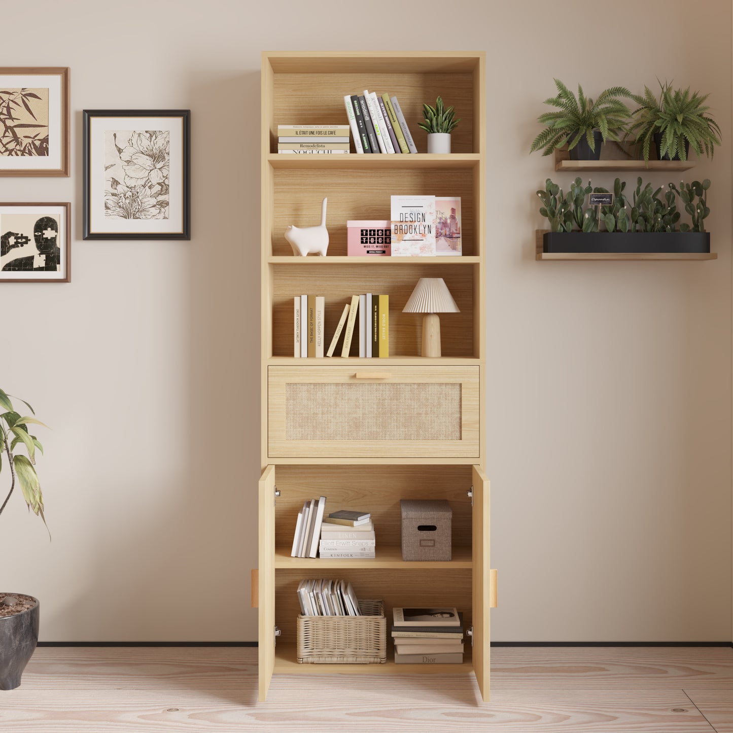 3-layer 1-drawer with double doors Triamcinol board rattan surface 60*23.5*180cm display cabinet original wood color