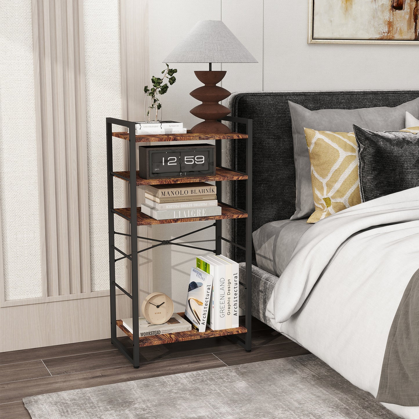 Small Bookshelf 4-Tier Bookcase, Metal Bookshelf for Study, Bedroom, Living Room and Kitchen, Height Adjustable (Brown)