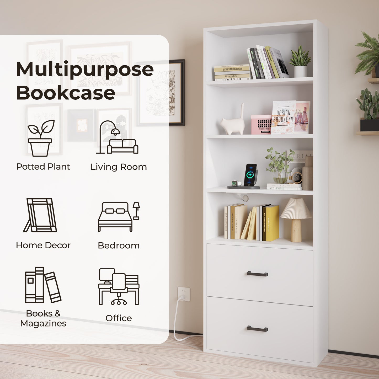 4 layers with 2 USB 2 plugs and sockets 2 drawers Triamine board 60*23.5*180cm display cabinet white