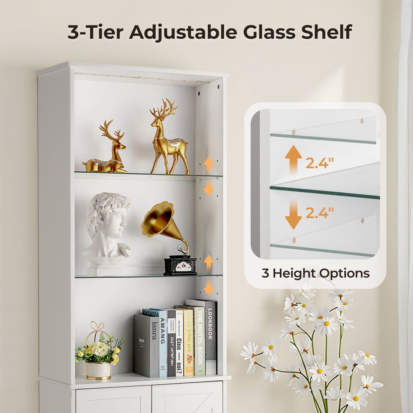 3-layer glass shelf with 2 doors double Z shape LED light strip front curved base feet triammine board 60*23.5*180cm display cabinet white