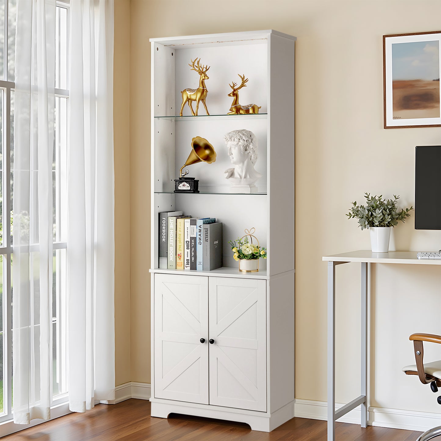 3-layer glass shelf with 2 doors double Z shape LED light strip front curved base feet triammine board 60*23.5*180cm display cabinet white