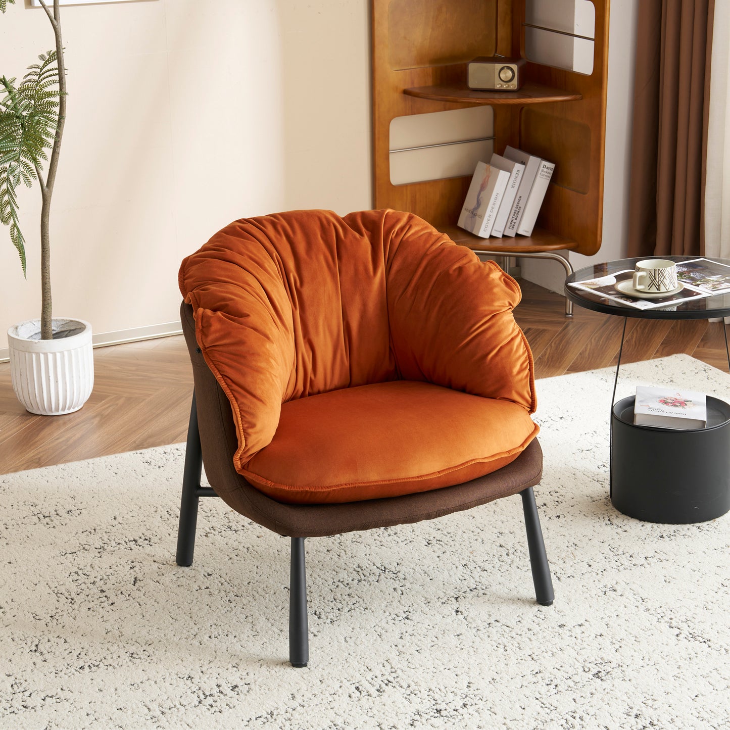 Velvet Accent Chair Barrel Chair with Metal Legs Modern Comfy Armchair Accent Reading Chair for Living Room, Bedroom, Study Room, Home Office Burnt Orange