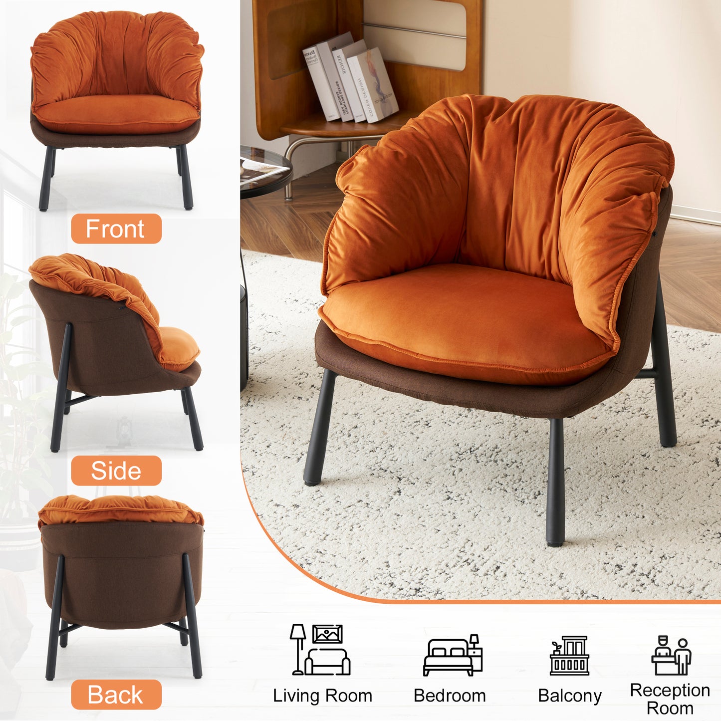 Velvet Accent Chair Barrel Chair with Metal Legs Modern Comfy Armchair Accent Reading Chair for Living Room, Bedroom, Study Room, Home Office Burnt Orange