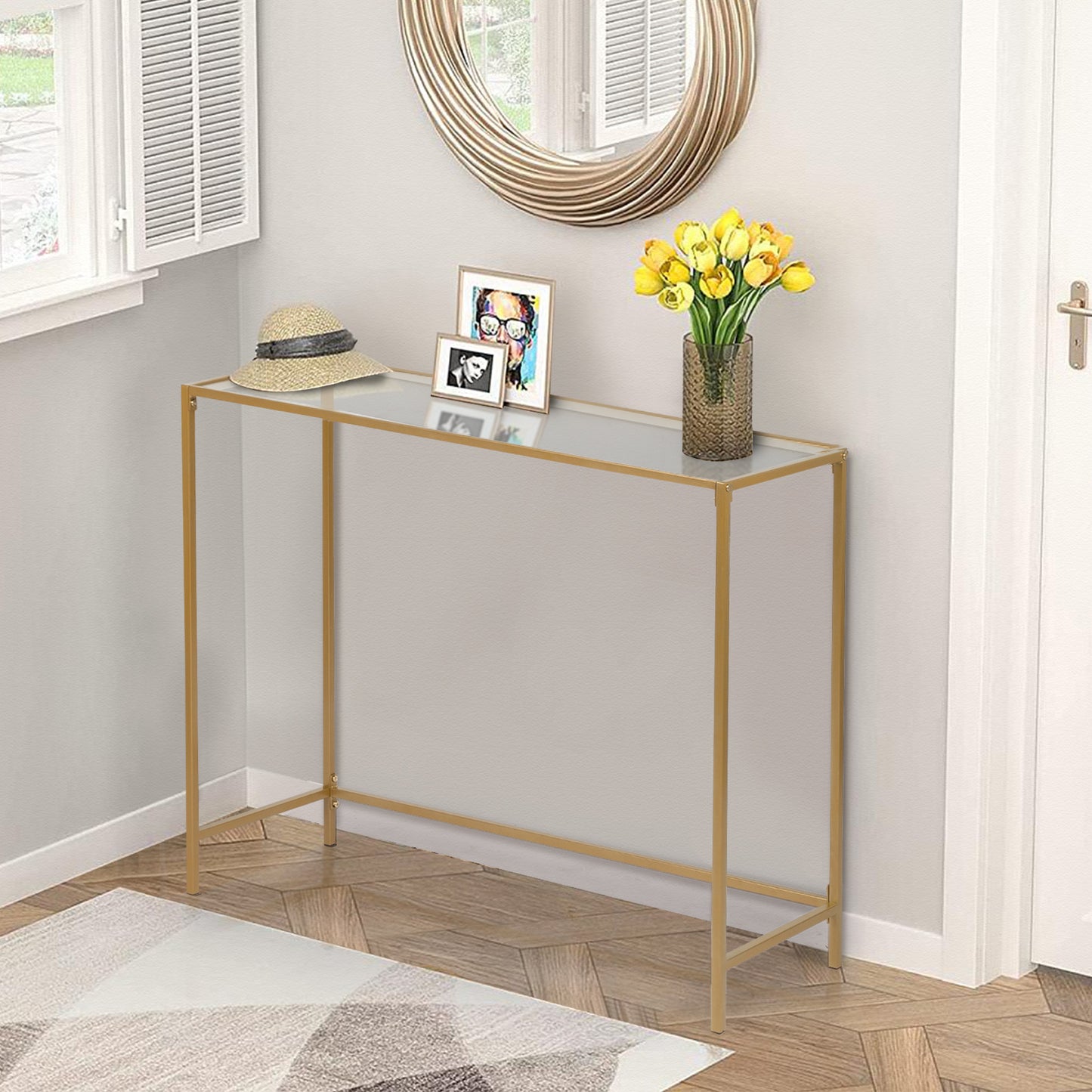 【Same model code: :51028186】39.4" Console Sofa Table, Modern Entryway Table, Tempered Glass Table, Metal Frame, for Living Room, Hallway, Gold Color