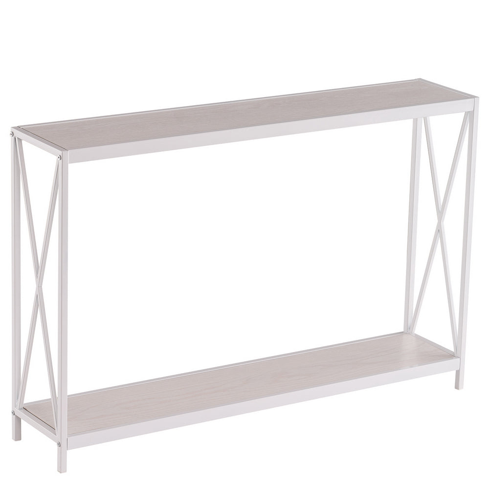 【Same model code:63670854】Triamine Board Cross Iron Frame Porch Table Sofa Side Table Reddish Oak Wood Grain