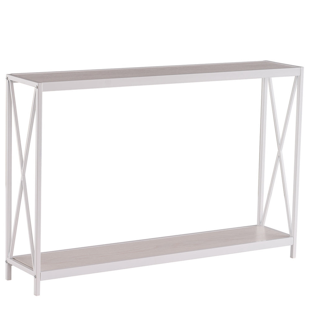 【Same model code:63670854】Triamine Board Cross Iron Frame Porch Table Sofa Side Table Reddish Oak Wood Grain