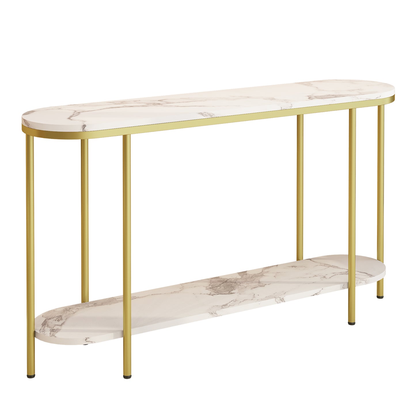 【Old Code:22504192】Console Table 2 Tier Narrow Entryway Table with Storage Shelves Faux Marble Narrow Table for Living Bedroom Hallway Office Easy Assembly, Gold & White