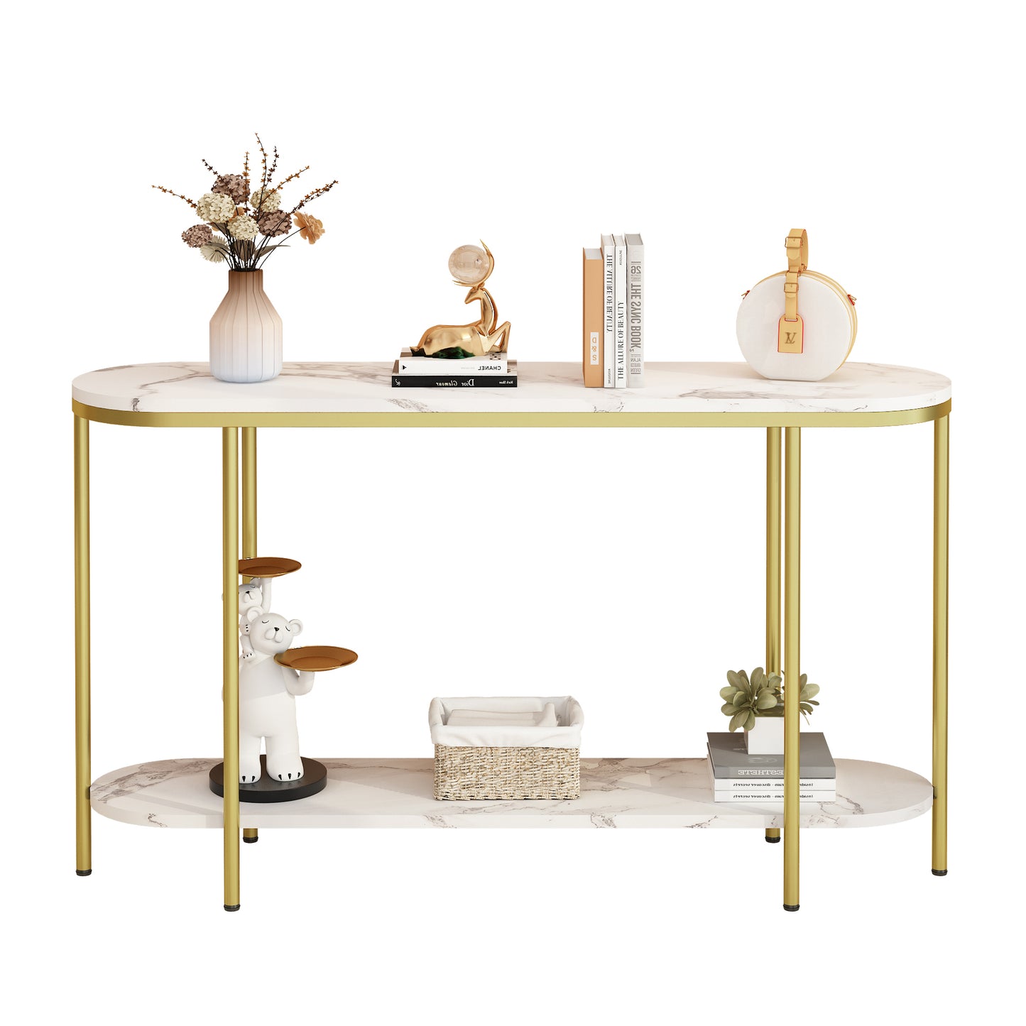 【Old Code:22504192】Console Table 2 Tier Narrow Entryway Table with Storage Shelves Faux Marble Narrow Table for Living Bedroom Hallway Office Easy Assembly, Gold & White