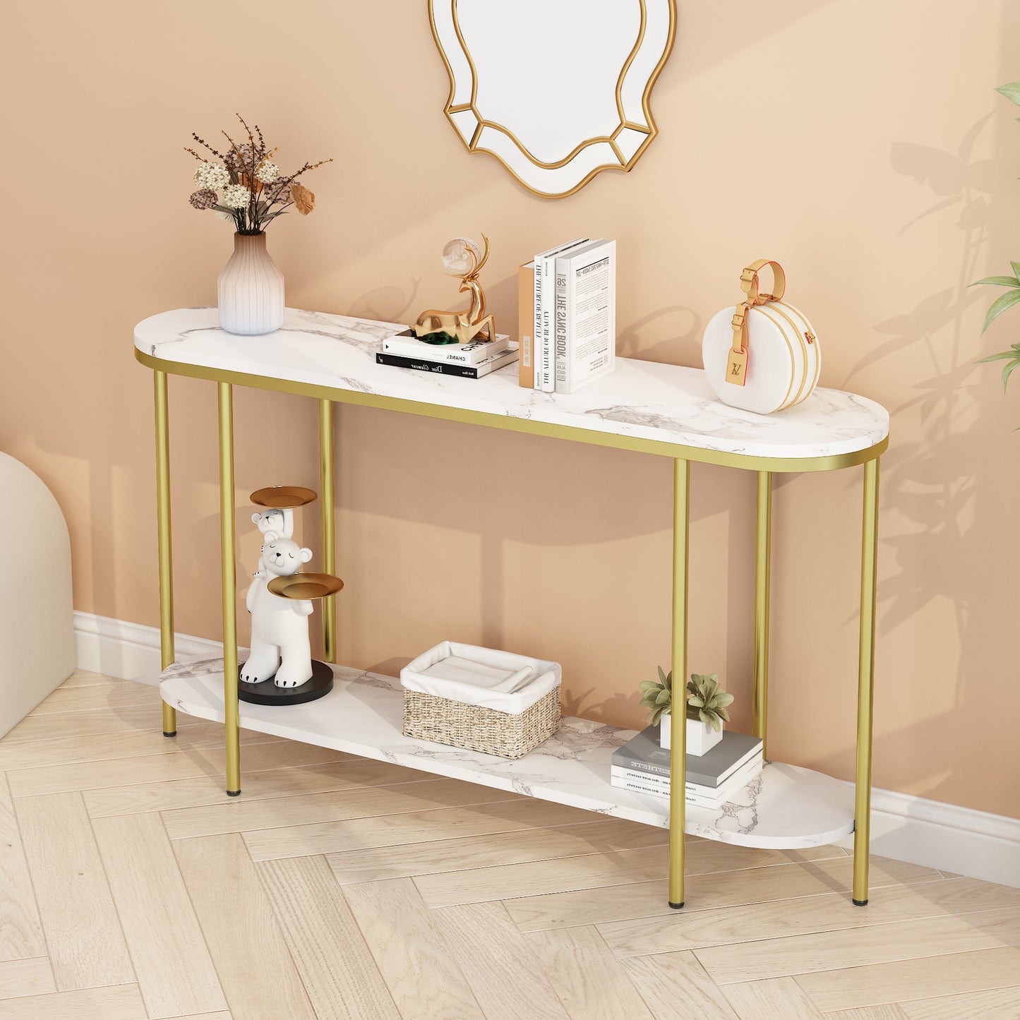【Old Code:22504192】Console Table 2 Tier Narrow Entryway Table with Storage Shelves Faux Marble Narrow Table for Living Bedroom Hallway Office Easy Assembly, Gold & White