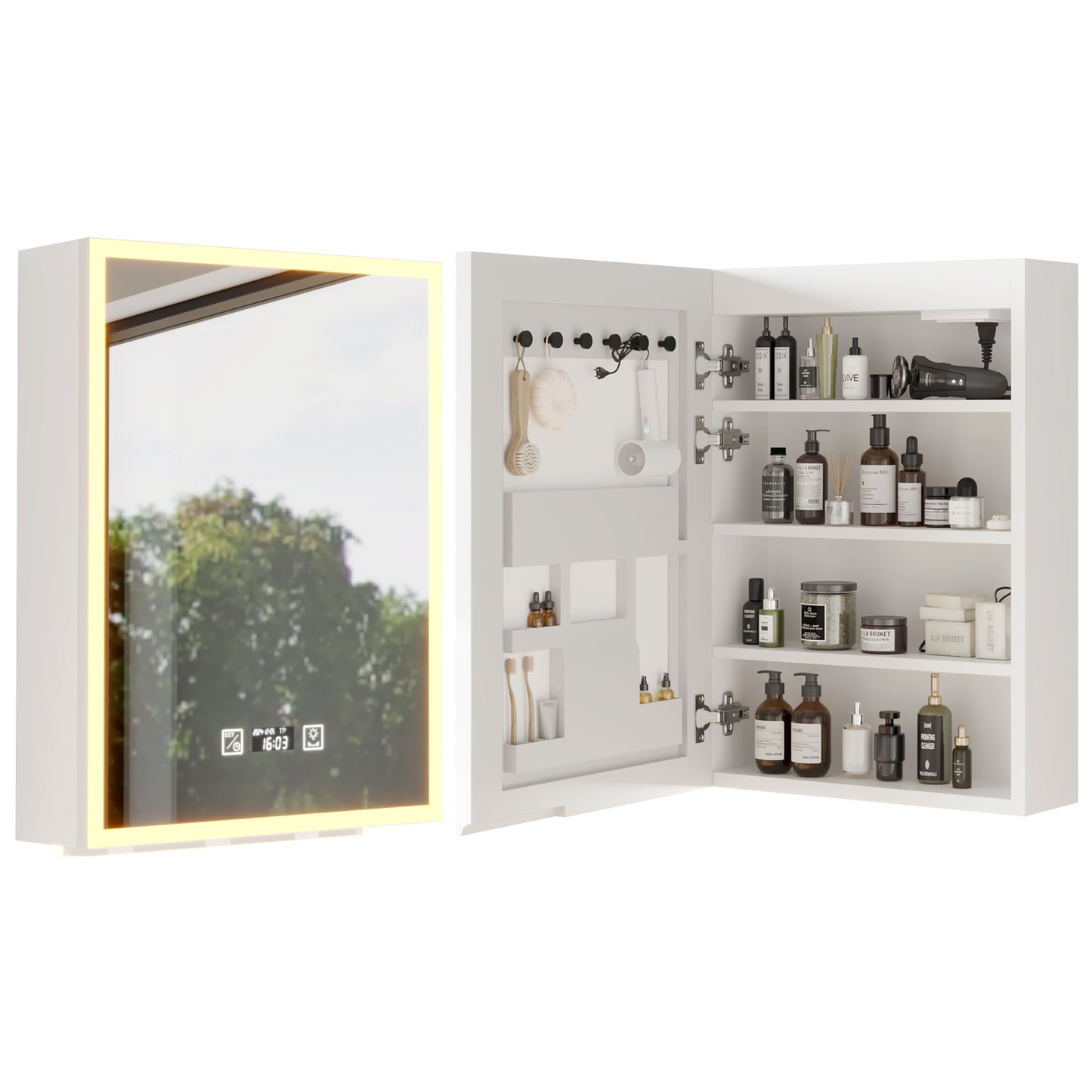 White Particleboard LED Mirror Cabinet (20*28 inches), Acrylic Frame, 1 Door, 4 Shelves, with Time & Temperature Display, Three-color Lighting, Adjustable Brightness, Power-off Memory, 2 Plugs & 2