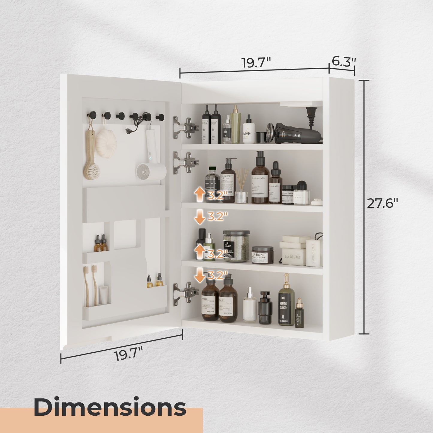 White Particleboard LED Mirror Cabinet (20*28 inches), Acrylic Frame, 1 Door, 4 Shelves, with Time & Temperature Display, Three-color Lighting, Adjustable Brightness, Power-off Memory, 2 Plugs & 2