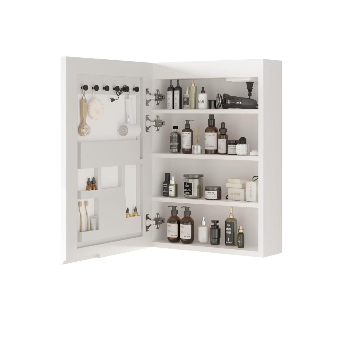 White Particleboard LED Mirror Cabinet (20*28 inches), Acrylic Frame, 1 Door, 4 Shelves, with Time & Temperature Display, Three-color Lighting, Adjustable Brightness, Power-off Memory, 2 Plugs & 2