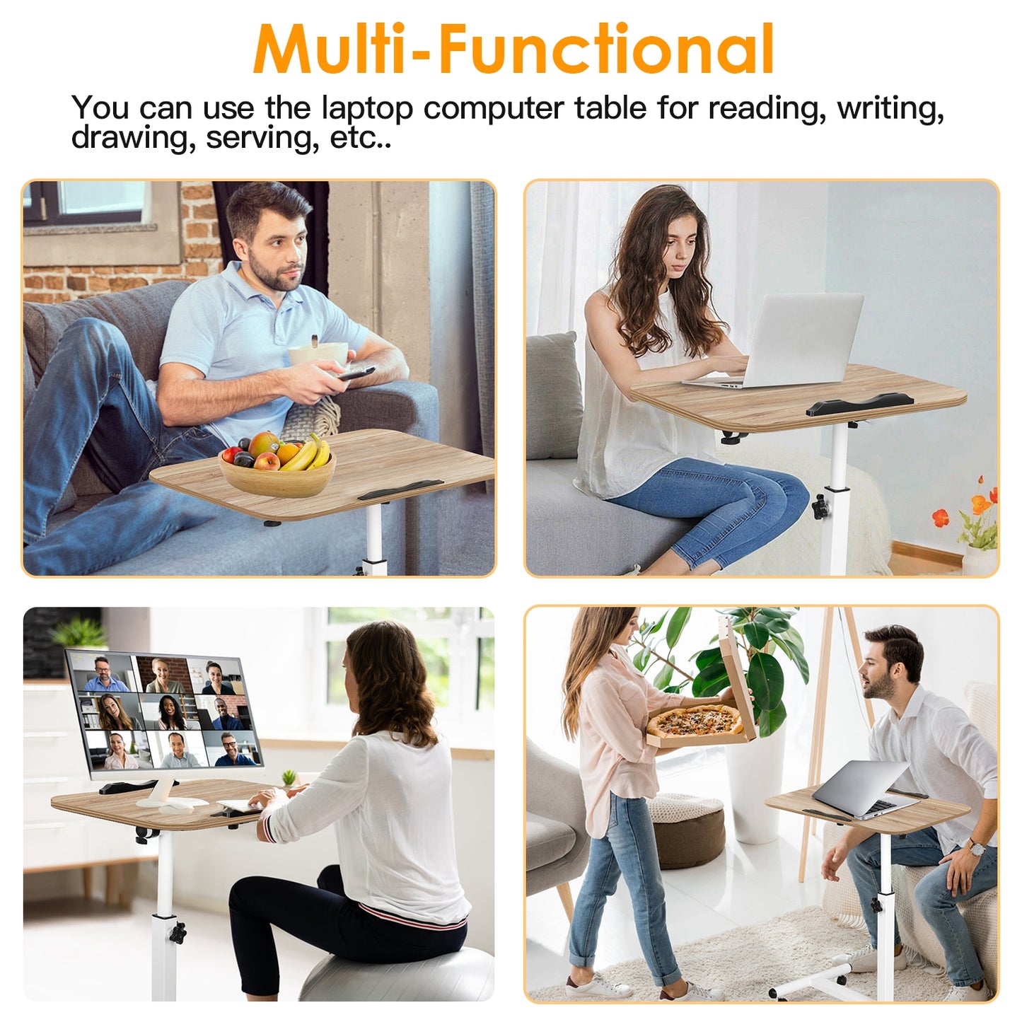 Mobile Standing Desk, Height Adjustable Rolling Laptop Table, 90 Tiltable Overbed Bedside Table, Portable Computer Cart with Wheels, Foldable for Home Office, Wooden