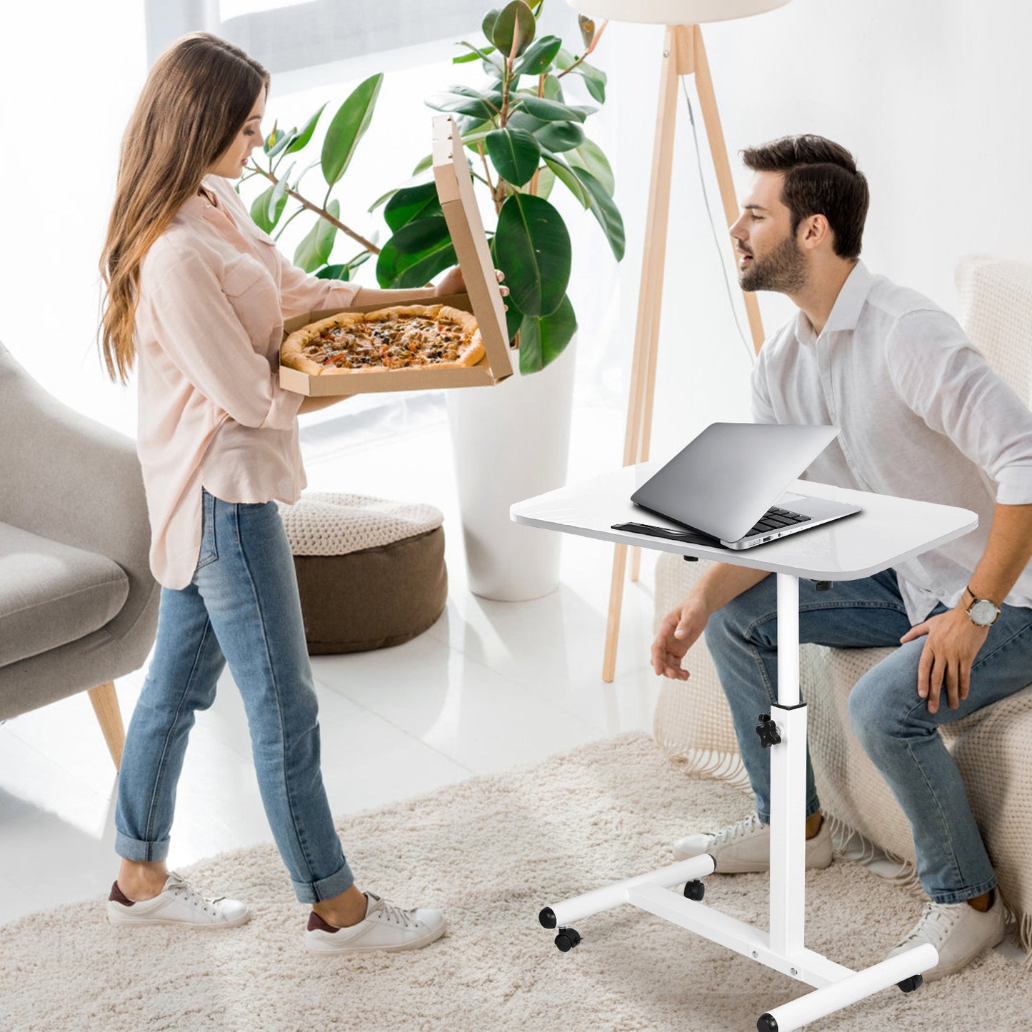 Mobile Standing Desk, Height Adjustable Rolling Laptop Table, 90 Tiltable Overbed Bedside Table, Portable Computer Cart with Wheels, Foldable for Home Office, White