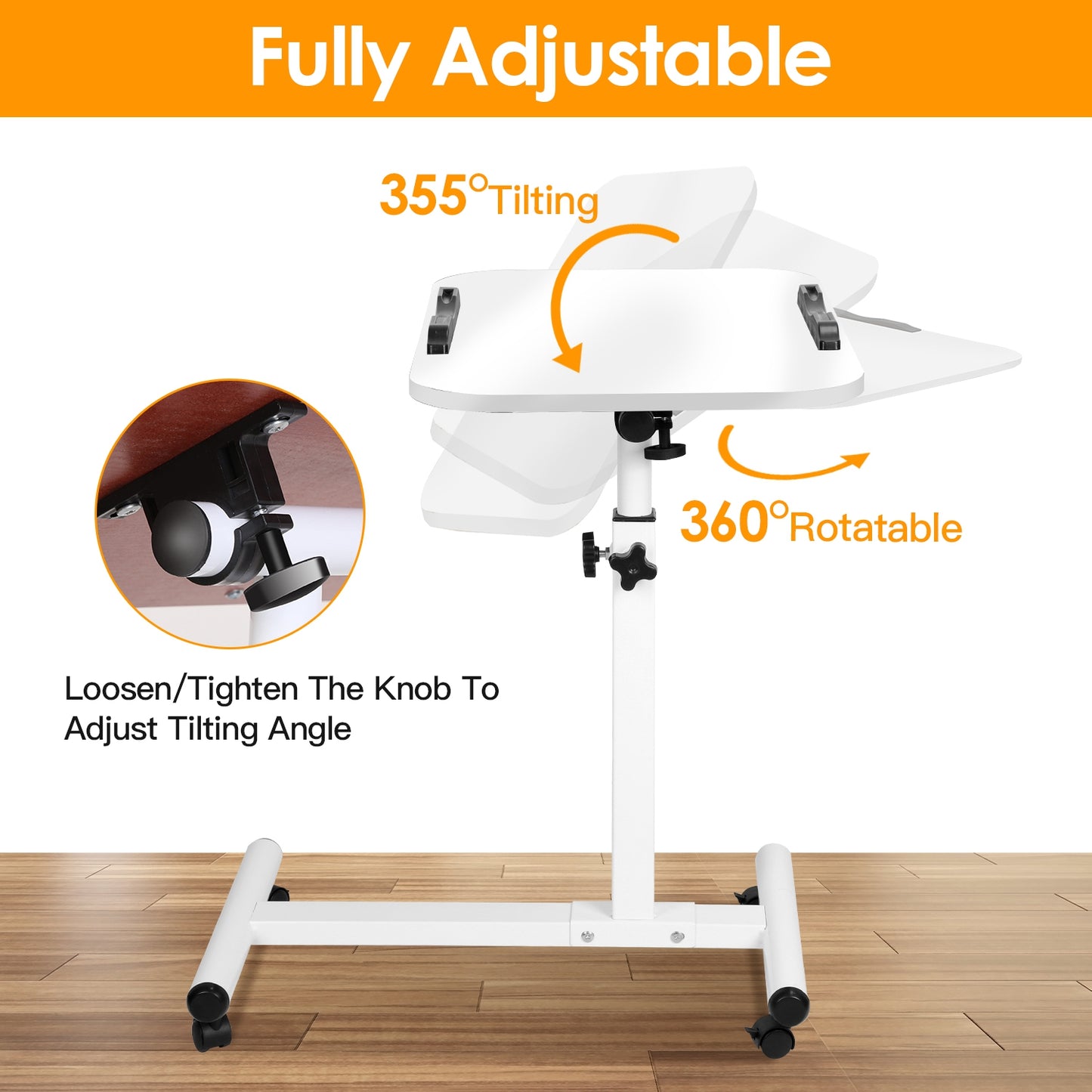 Mobile Standing Desk, Height Adjustable Rolling Laptop Table, 90 Tiltable Overbed Bedside Table, Portable Computer Cart with Wheels, Foldable for Home Office, White