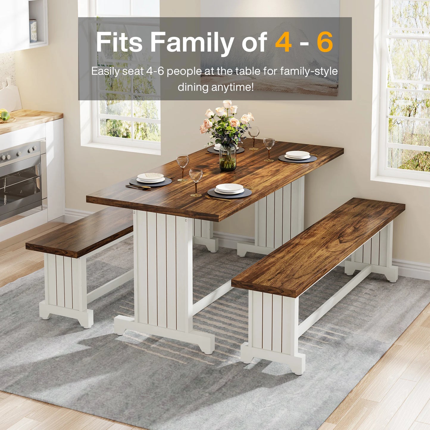 MonoWood 47" Small Dining Table Set for 2, 3-Piece Kitchen Table with 2 Benches, Farmhouse Wood Dinner Furniture