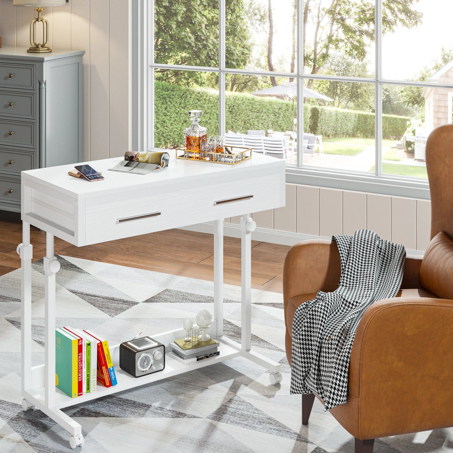 MonoWood Portable Desk with Drawers, Mobile Laptop Desk with Wheels, Sofa Side Table Small Portable Standing Rolling Table