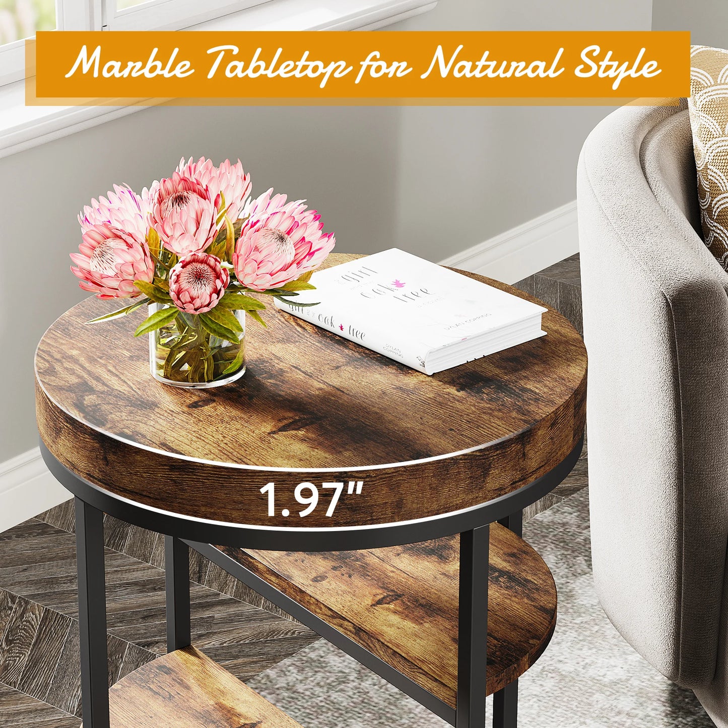 MonoWood Round End Table, Small End Table with 3 Storage Shelves, Wood Side Table for Small Spaces, Industrial Sofa Table