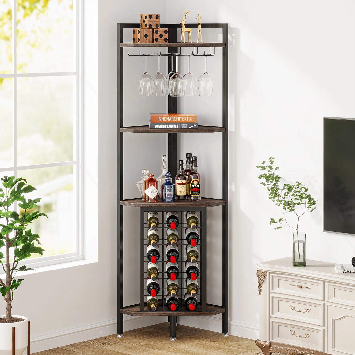MonoWood 20 Bottle Wine Bakers Rack, 9 Tier Freestanding Wine Rack with Glass Holder and Storage Shelves