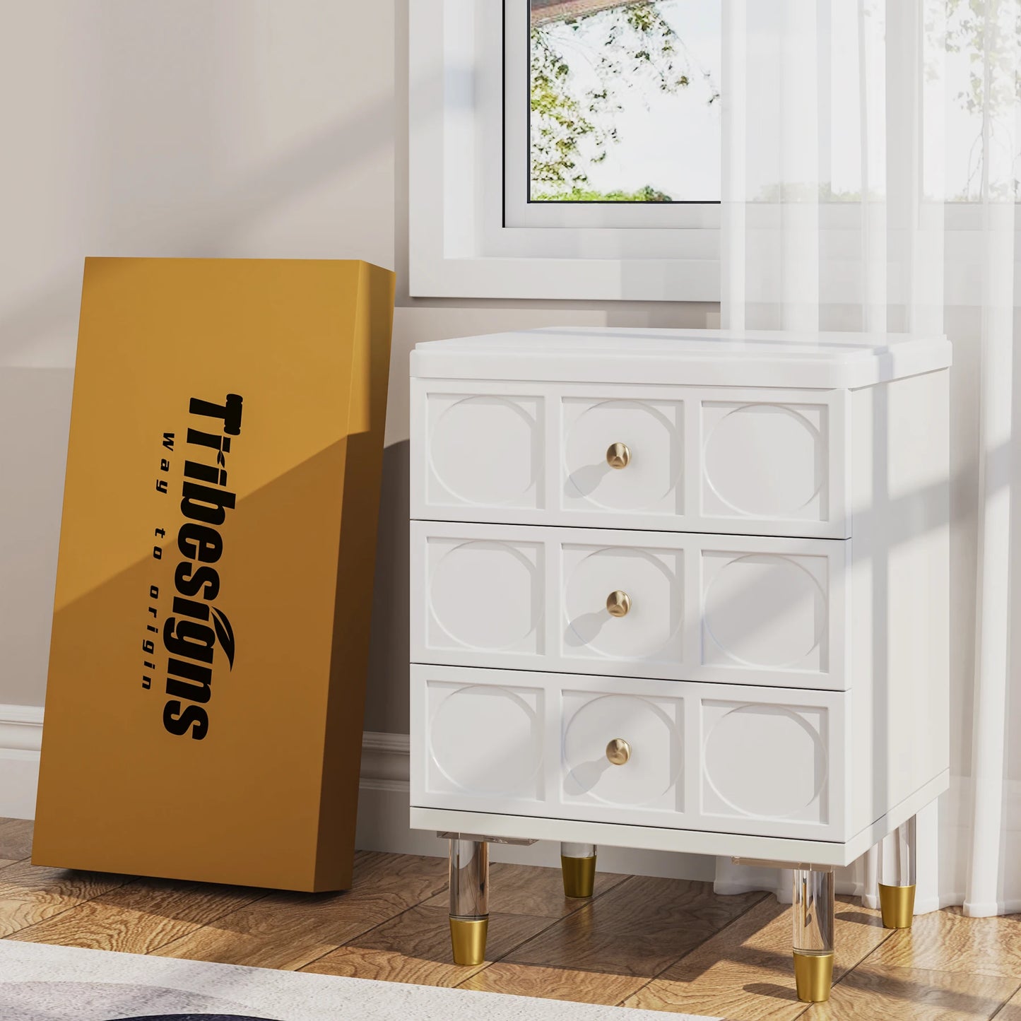 MonoWood 3-Drawer Nightstand Tall White and Gold Bedside Table with Drawers, Versatile Modern White Night Stand with Storage