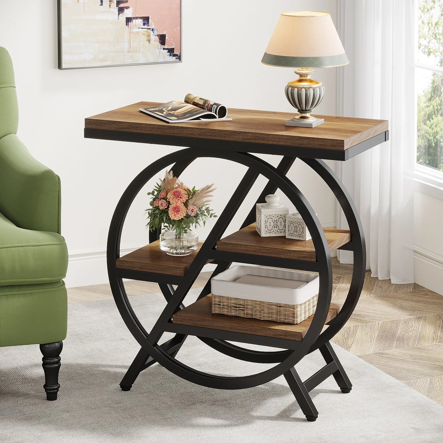 MonoWood End Table for Living Room, 3-Tier Narrow Side Table with Storage, Wood Sofa Side Table with Geometric Metal Frame