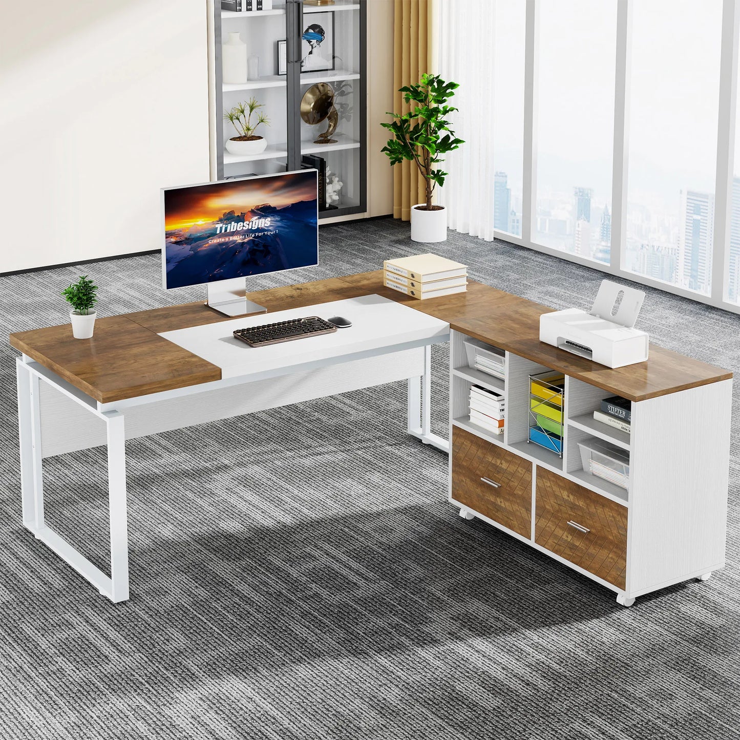 MonoWood 2-Drawer Wood File Cabinet, Mobile Lateral Filing Cabinet for Hanging Letter Size Files, Printer Stand