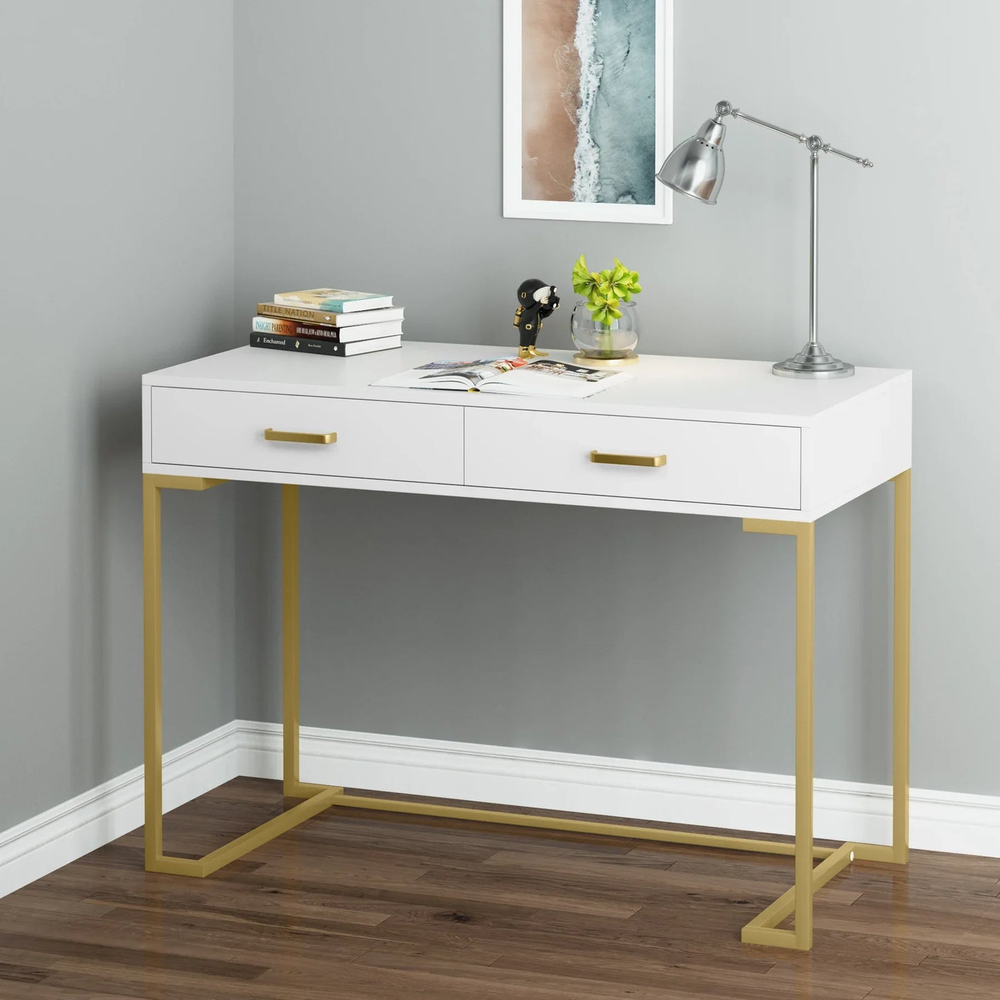 MonoWood Vanity Desk with 2 Drawers,White and Gold Small Makeup Vanity,Modern Vanity Table Dressing Desk for Women Girls Gift