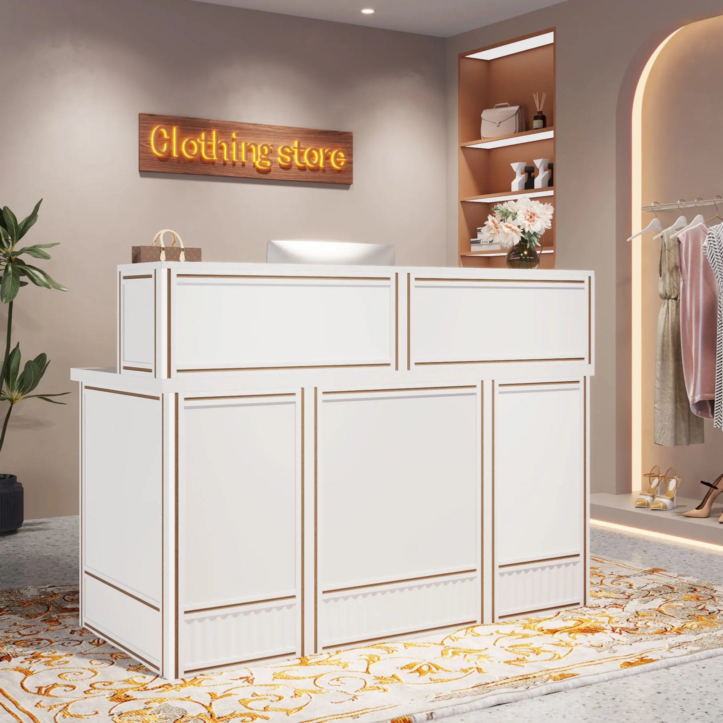 MonoWood Reception Desk with Counter, 57-Inch Rustic Front Receptionist Table, Boho Welcome Desk Checkout Counter for Office