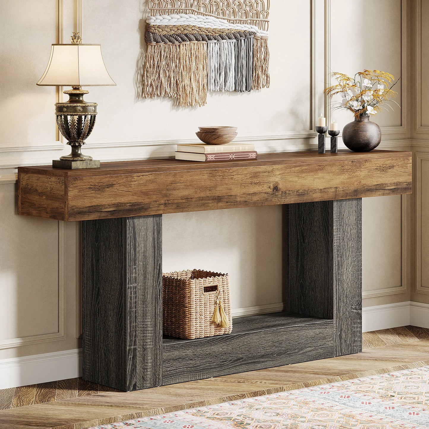 MonoWood 63" Console Table, Farmhouse 2-Tier Entryway Table with U-Shaped Base, Narrow Long Wood Sofa Table Behind Couch Table