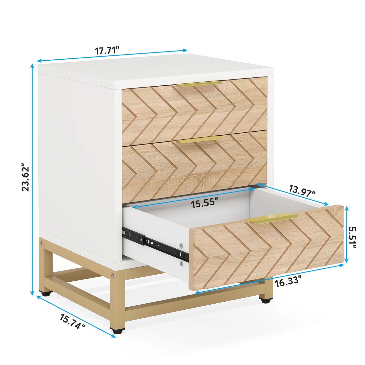MonoWood 3 Drawers Nightstand Set of 2, Modern Bedside Table with Unique Chevron Design, White End Side Table Night Stands
