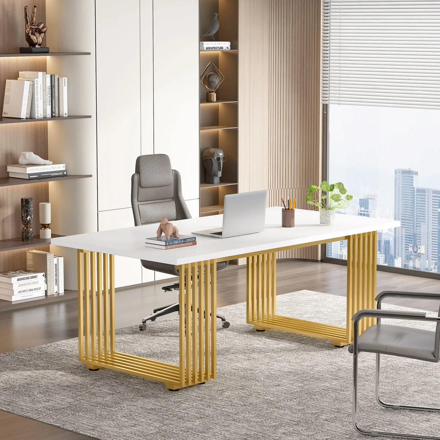 MonoWood 70.9" Modern Office Desk, Wooden Computer Desk, White Executive Desk with Gold Metal Legs, Small Conference Table