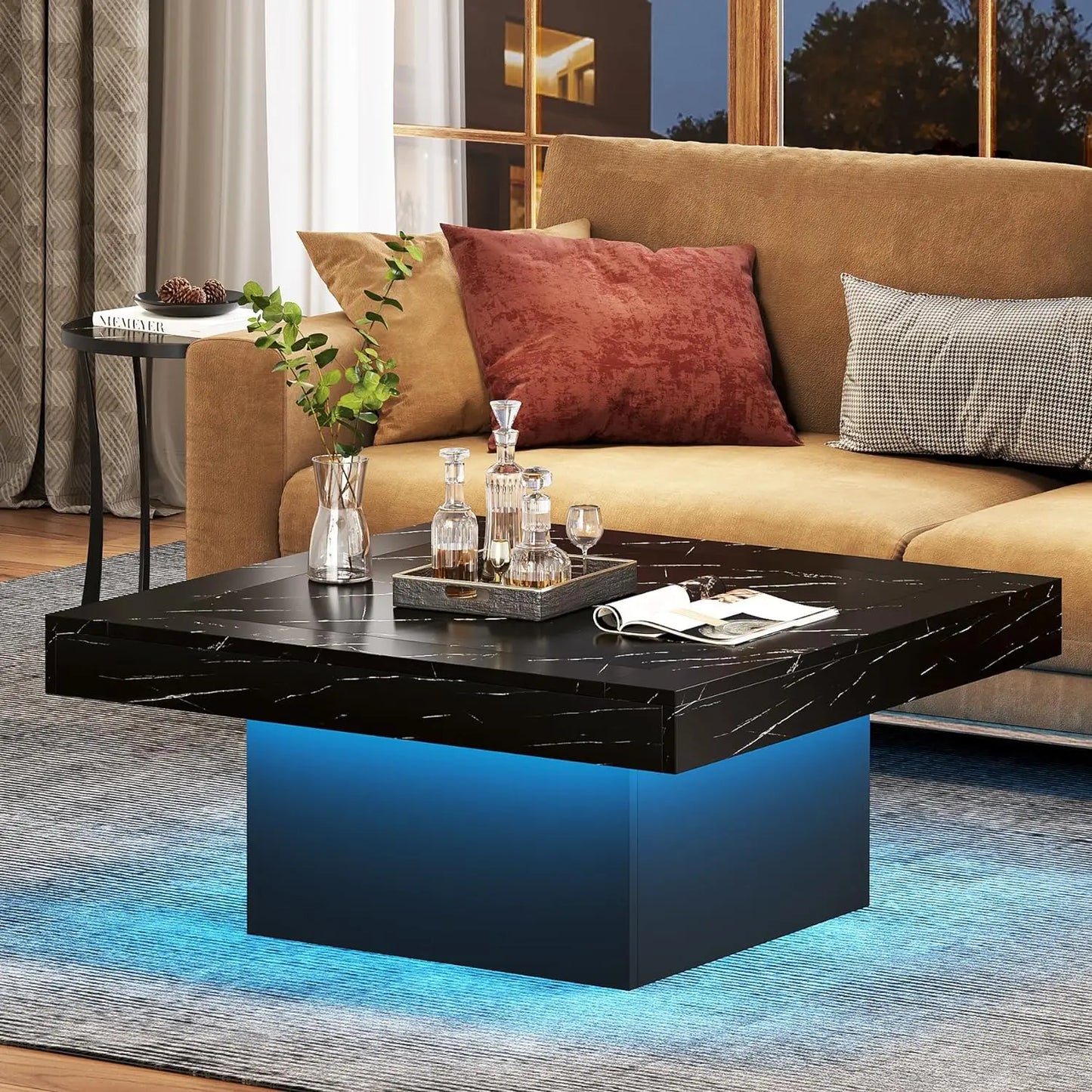 MonoWood Coffee Table Square LED Coffee Table Engineered Wood Low Coffee Table for Living Room Rustic Brown & Black
