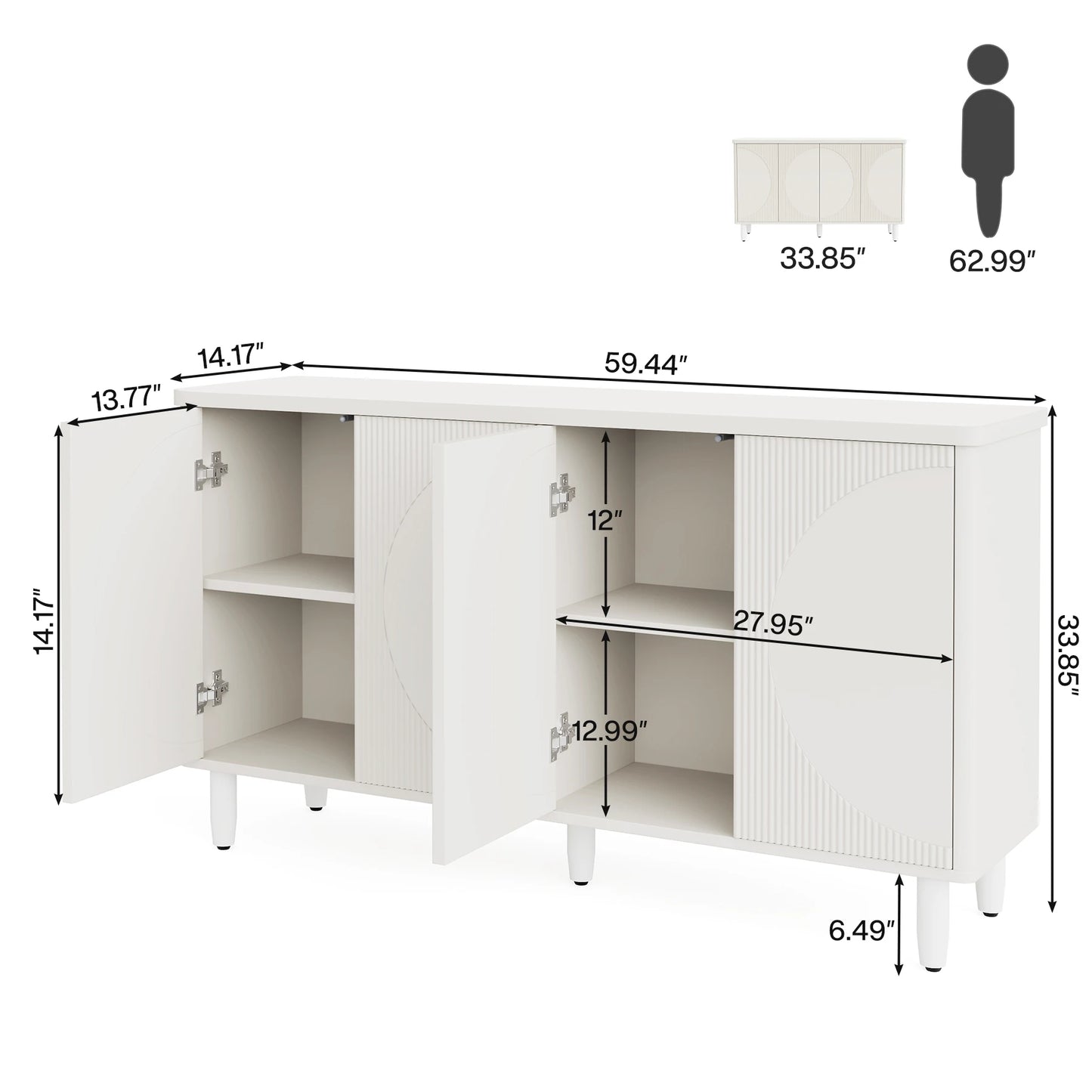 MonoWood Buffet Cabinet Sideboard with Storage, 59.4-Inch White Storage Cabinet Modern Sideboard Buffet Table with Doors