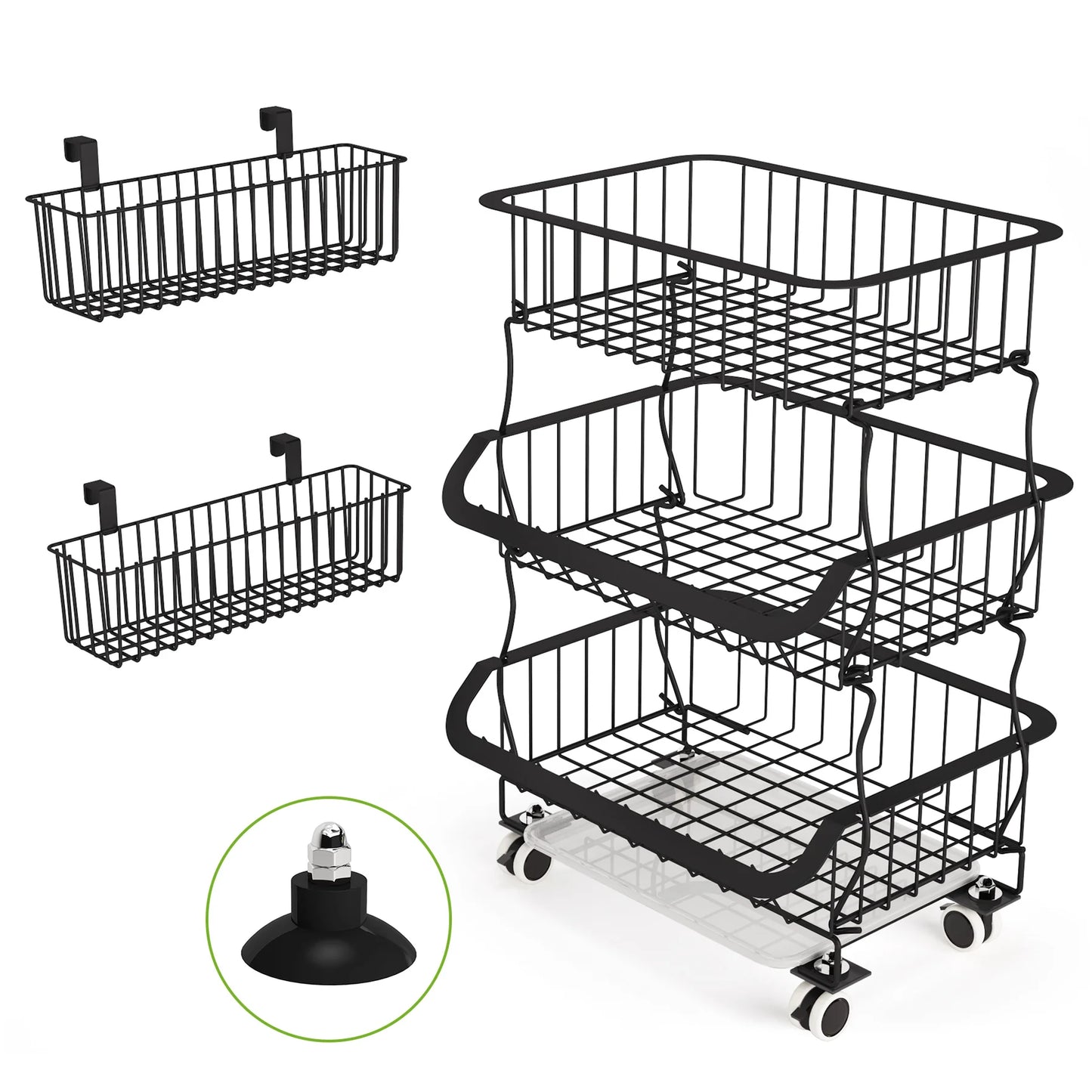 Fruit Basket, 3 Tier Stackable Metal Wire Basket Cart with Rolling Wheels, Utility Rack for Kitchen, Pantry, With 2 Free Baskets