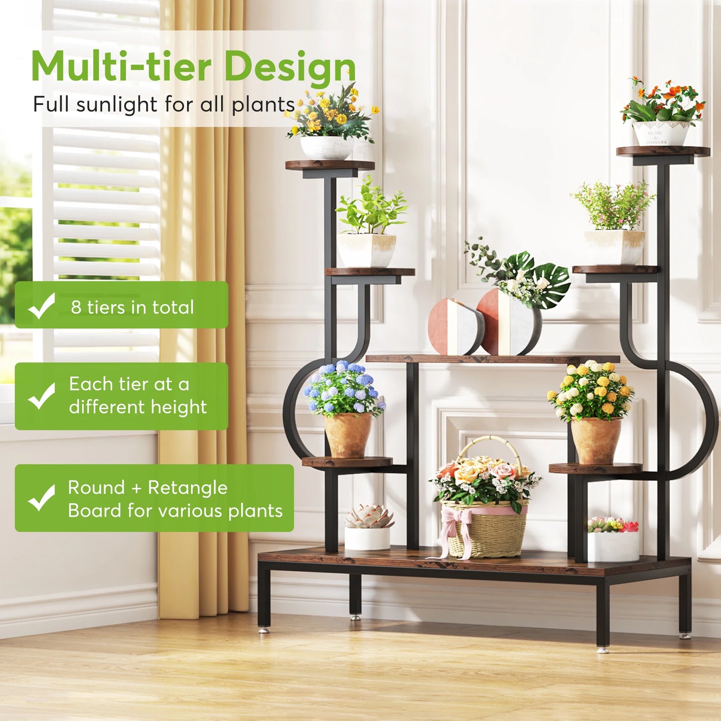 MonoWood 8-Tier Metal Plant Stand, Large Tall Plant Shelf for Multiple Plants, Round & Square Boards, Ladder Flower Rack