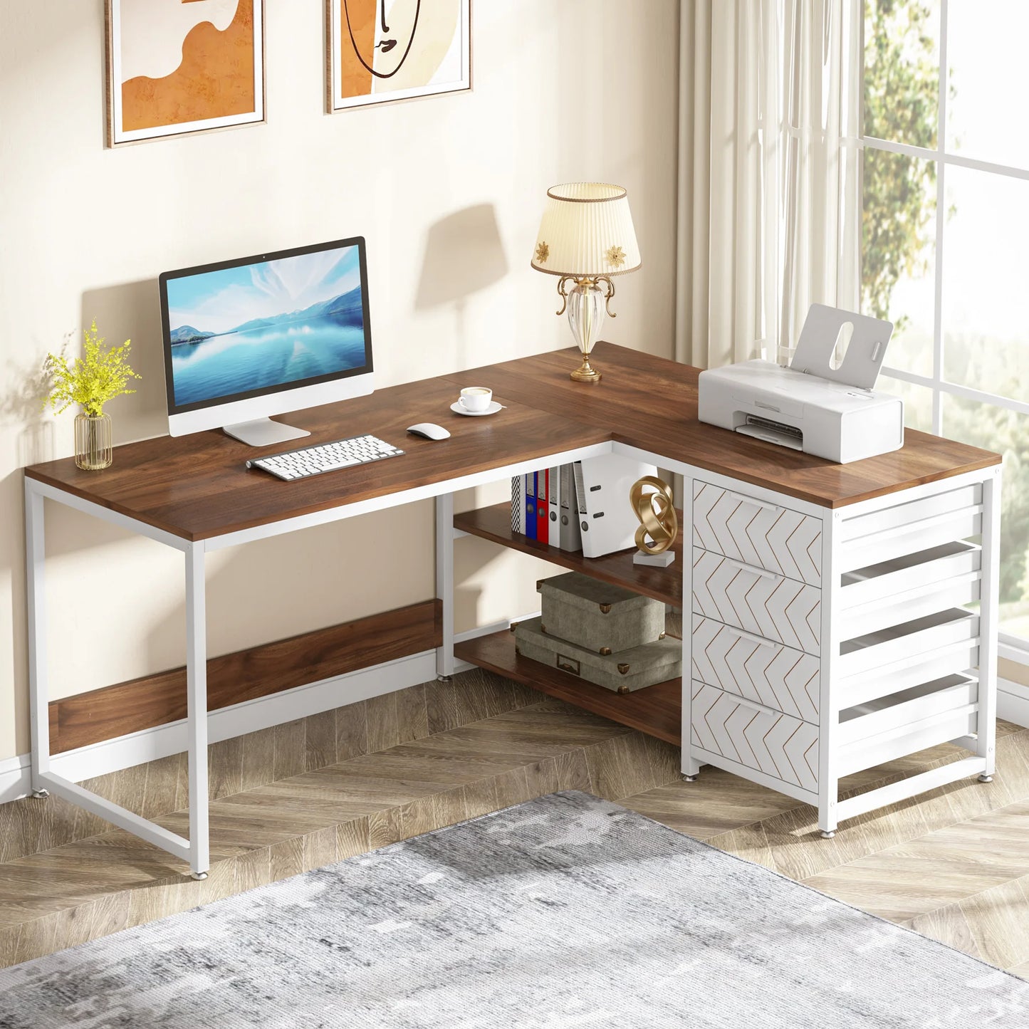 MonoWood L Shaped Computer Desk with Storage Drawers, 59 inch Corner Desk with Shelves, Reversible L-Shaped Office Desk Study