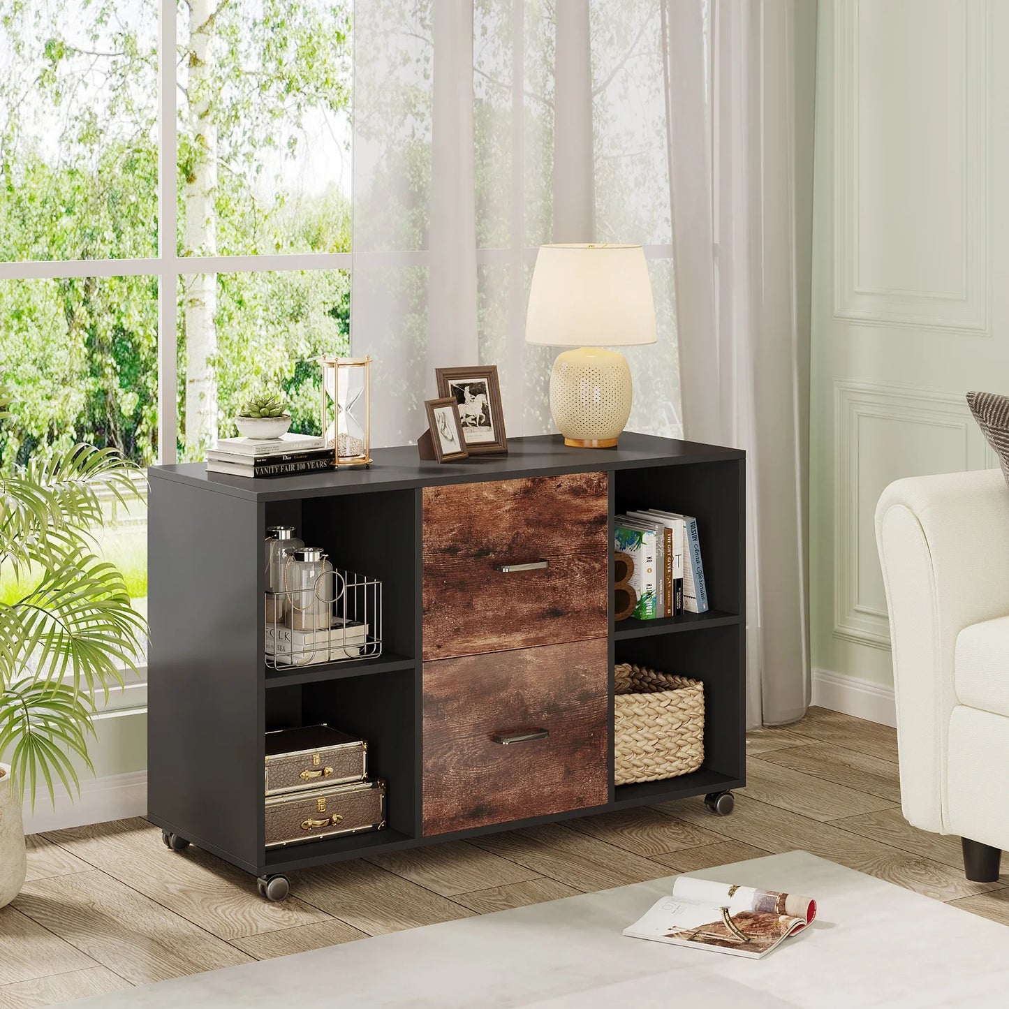 MonoWood 2 Drawer Wooden File Cabinet Large Mobile Lateral Filing Cabinet Printer Stand with Shelves and Rolling Wheels