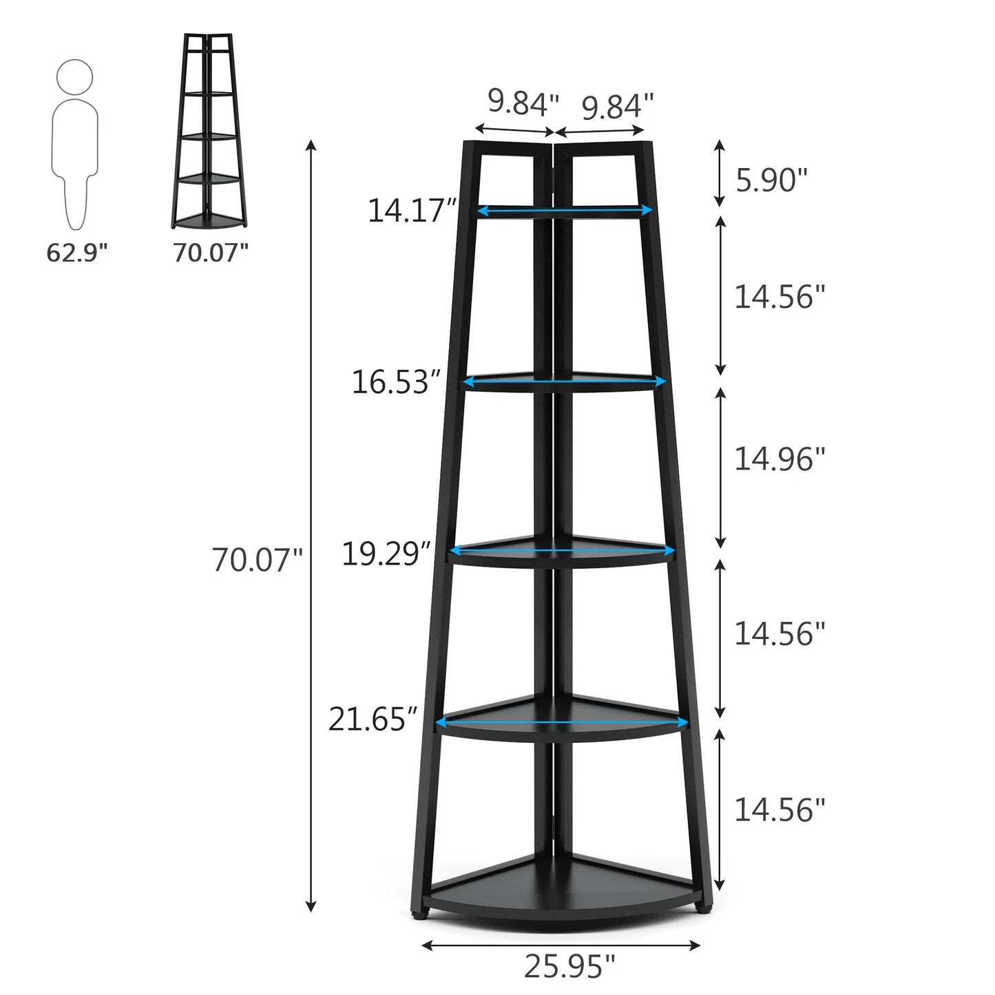 MonoWood 70 inch Tall Corner Shelf, 5 Tier Modern Corner Bookshelf Bookcase Industrial Corner Ladder Shelf Plant Stand