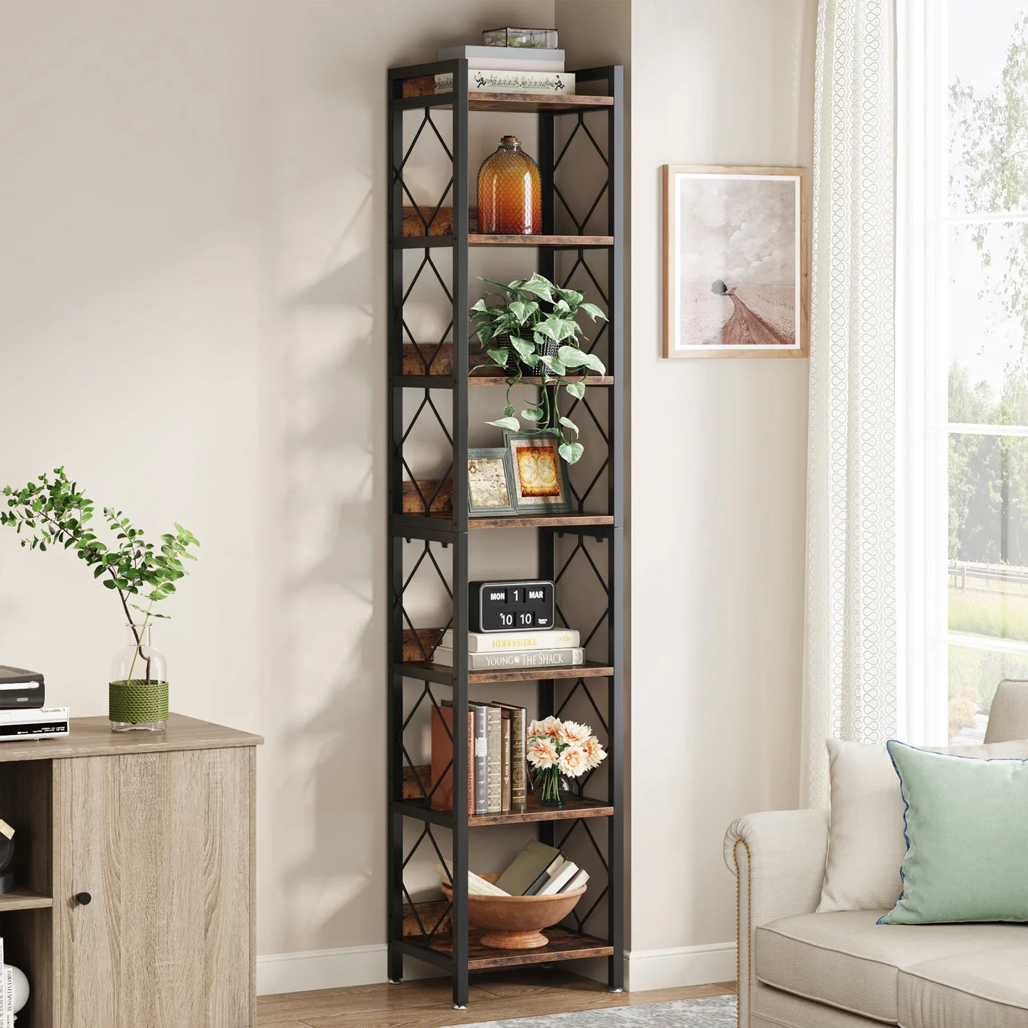MonoWood 78.7 Inch Extra Tall Narrow Bookshelf, 7 Tier Skinny Bookcase for Small Spaces, Freestanding Display Shelves