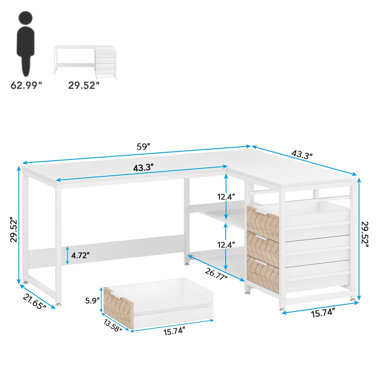 MonoWood L Shaped Computer Desk with Storage Drawers, 59 inch Corner Desk with Shelves, Reversible L-Shaped Office Desk