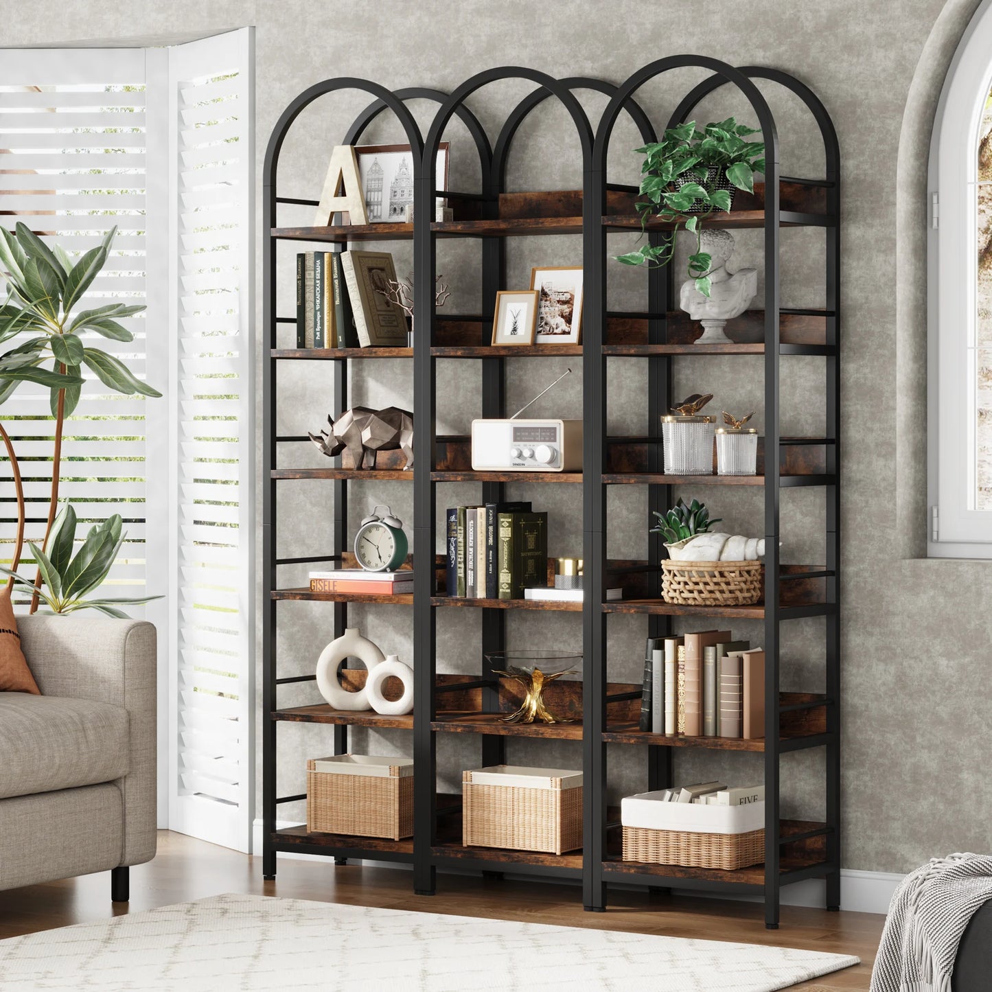 MonoWood 6-Tier Open Bookshelf, 78.7" Tall Arched Bookcase Narrow Bookshelf, Freestanding Corner Bookcase Display Shelves