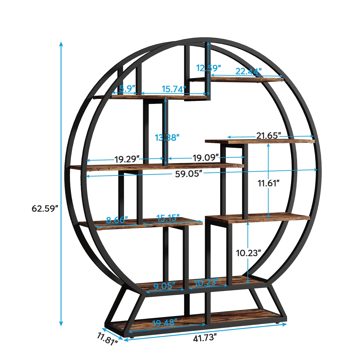 MonoWood Bookshelf, Round Bookshelves Etagere Bookcase, 63-Inch Industrial Wood Book Shelf with Staggered Shelves
