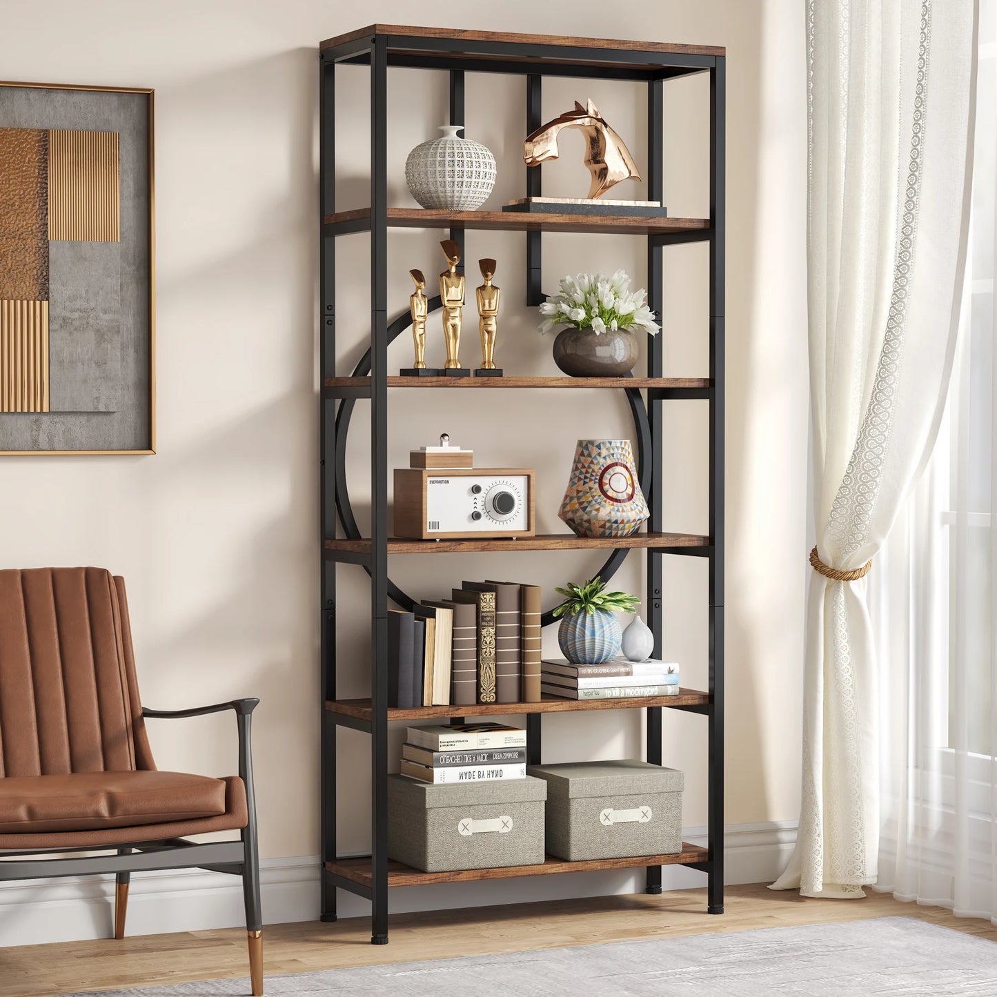MonoWood Industrial Bookshelf, Tall Bookcase with Open Shelves, Wood and Metal Display Shelf Storage Shelves