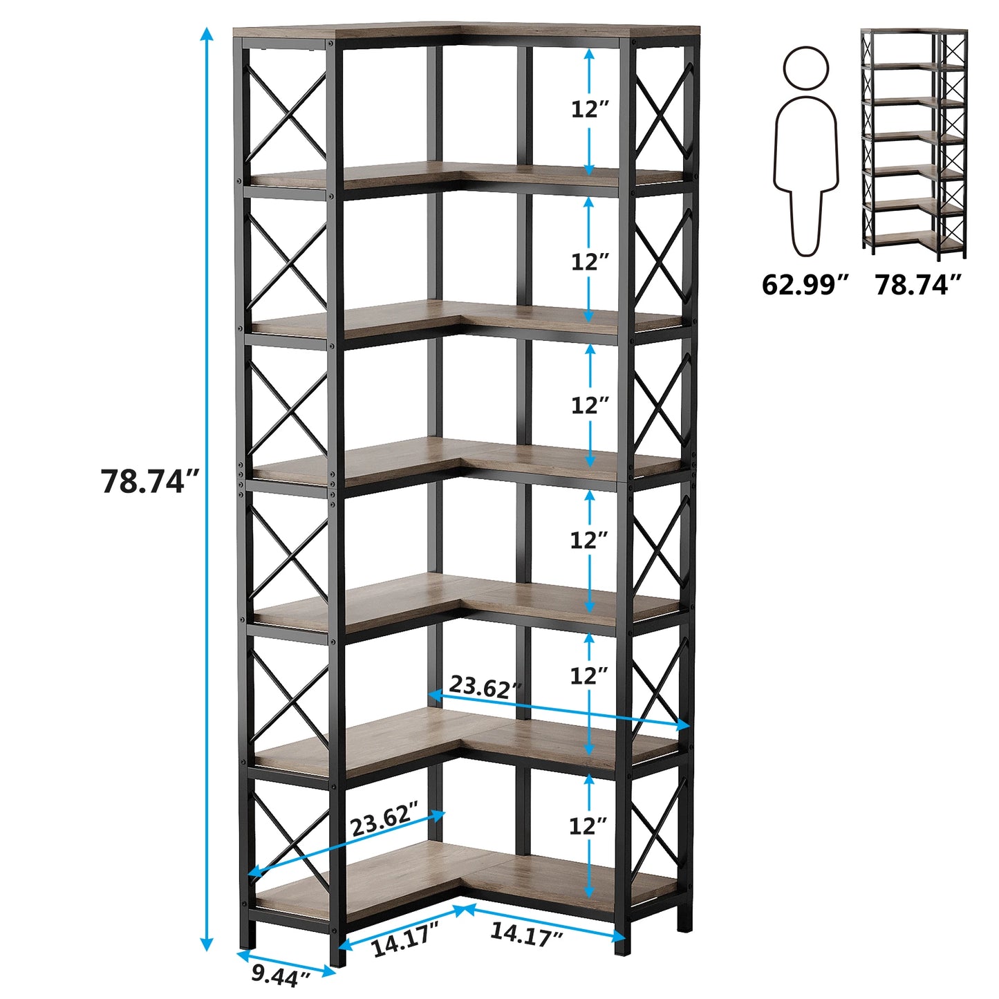 MonoWood 7-Shelf Corner Bookshelf,Large Modern Corner Bookcase, 7-Tier Tall Corner Shelf Storage Display Rack with Metal Frame