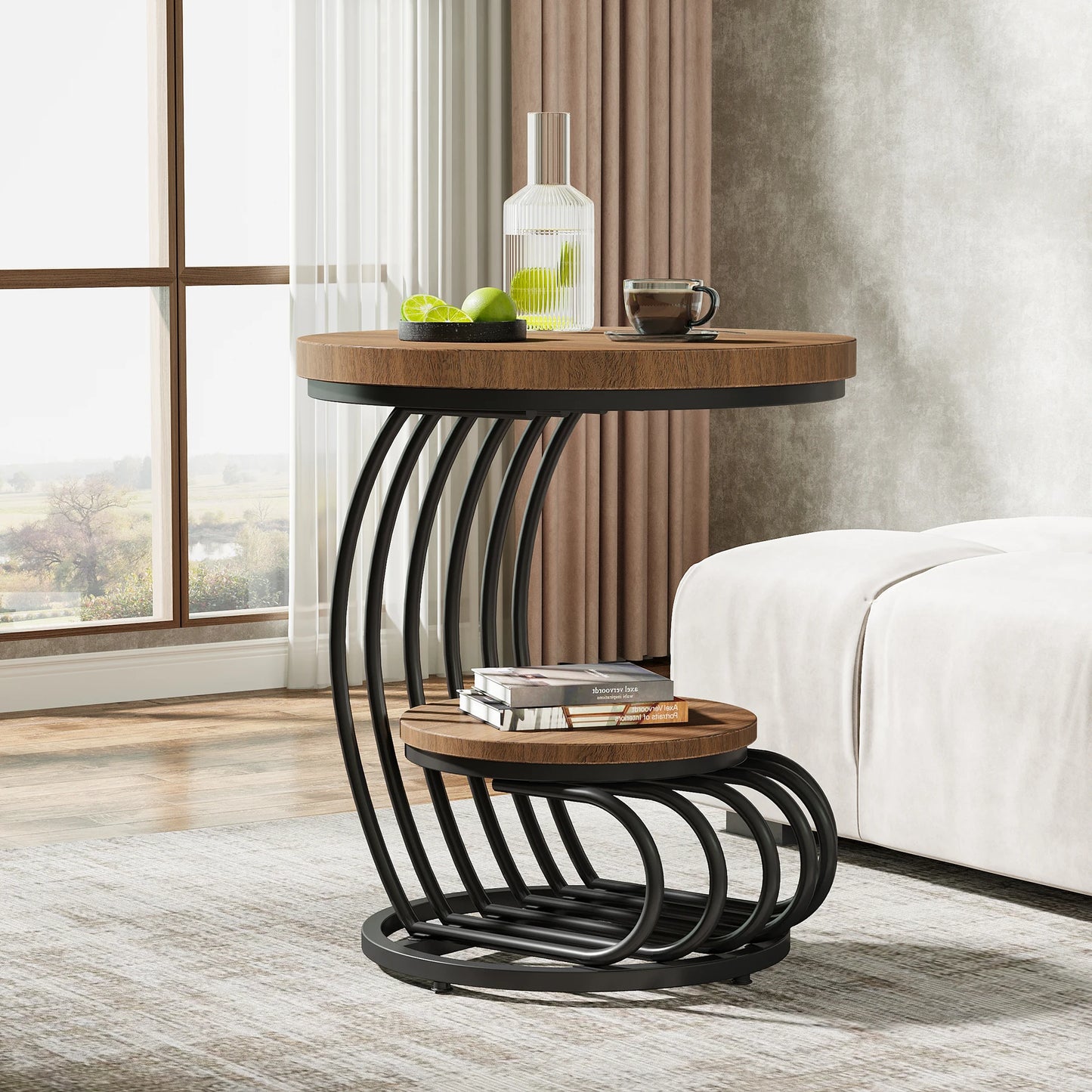 MonoWood Gold Round End Table: 2 Tiers Faux Marble Side Table with Storage Shelf, Modern White Gold Bedside Nightstand